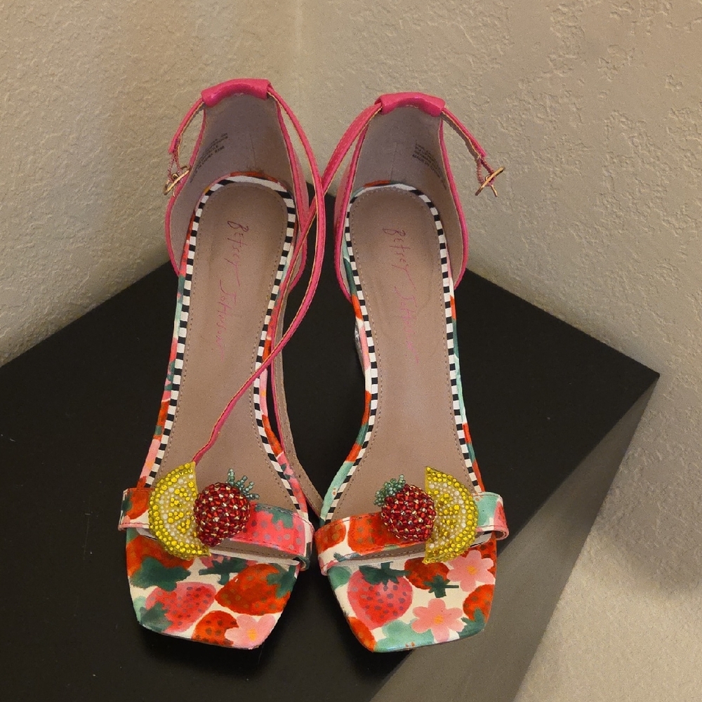 Betsey Johnson Pink Strawberry & Lemon Embellished Ankle-Strap Heels